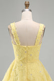 Light Yellow Floral A Line Beaded Bubble Short Homecoming Dress