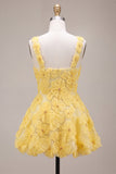Light Yellow A Line Beaded Bubble Short Homecoming Dress with Flowers