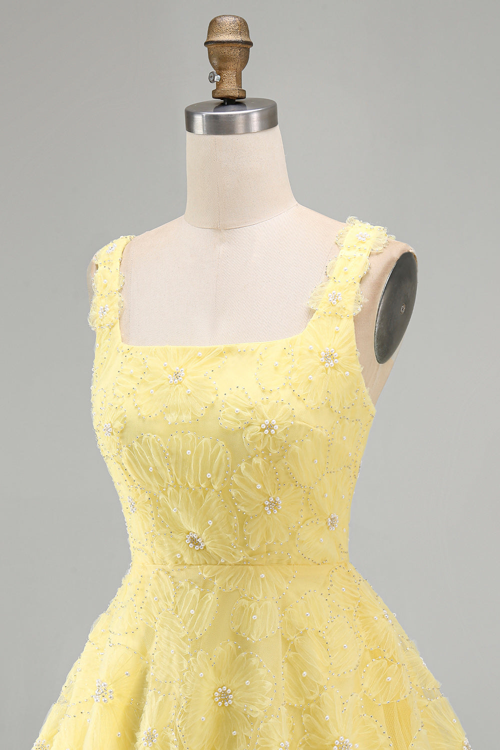 Light Yellow Floral A Line Beaded Bubble Short Homecoming Dress