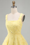 Light Yellow Floral A Line Beaded Bubble Short Homecoming Dress