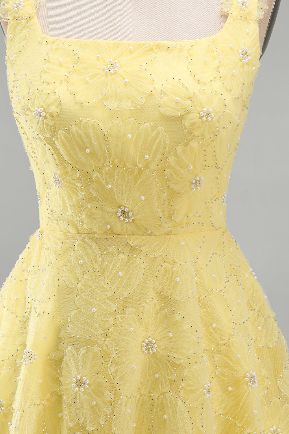 Light Yellow Floral A Line Beaded Bubble Short Homecoming Dress