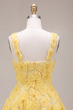 Light Yellow A Line Beaded Bubble Short Homecoming Dress with Flowers