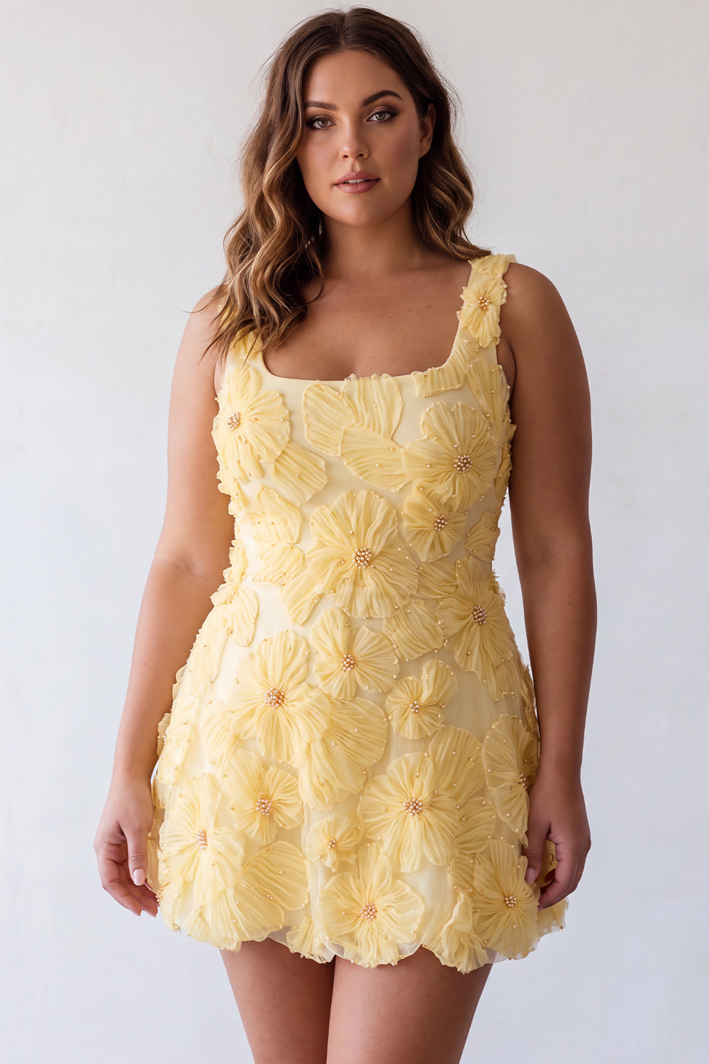 Light Yellow Floral A Line Beaded Bubble Short Homecoming Dress