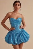 Blue A Line Strapless Sparkly Bubble Short Homecoming Dress