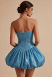 Blue A Line Strapless Sparkly Bubble Short Homecoming Dress