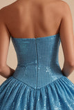 Blue A Line Strapless Sparkly Bubble Short Homecoming Dress