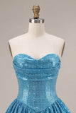 Blue A Line Strapless Sparkly Bubble Short Homecoming Dress