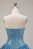 Blue A Line Strapless Sparkly Bubble Short Homecoming Dress