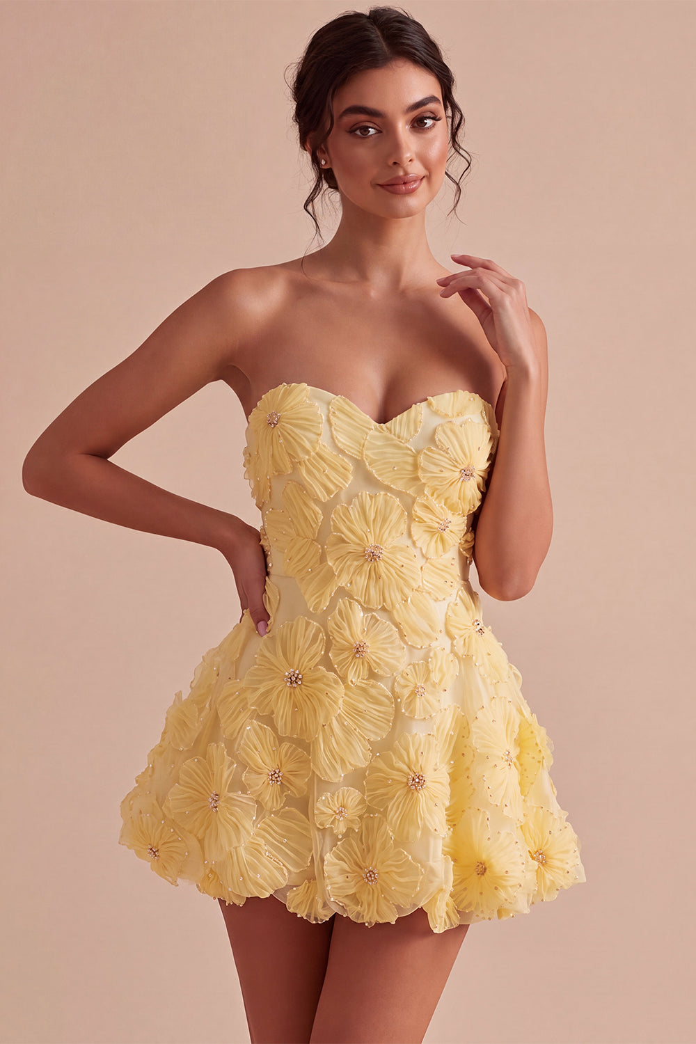 Light Yellow A Line Beaded Short Homecoming Dress with 3D Flowers
