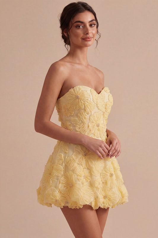 Light Yellow A-Line Mini Beaded Homecoming Dress with 3D Flowers