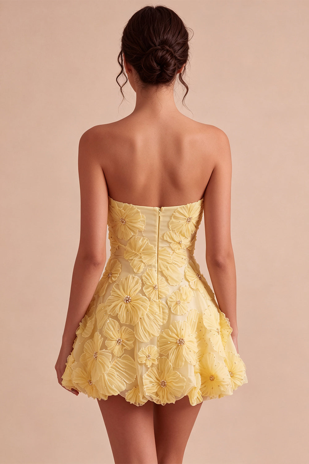 Light Yellow A Line Beaded Short Homecoming Dress with 3D Flowers