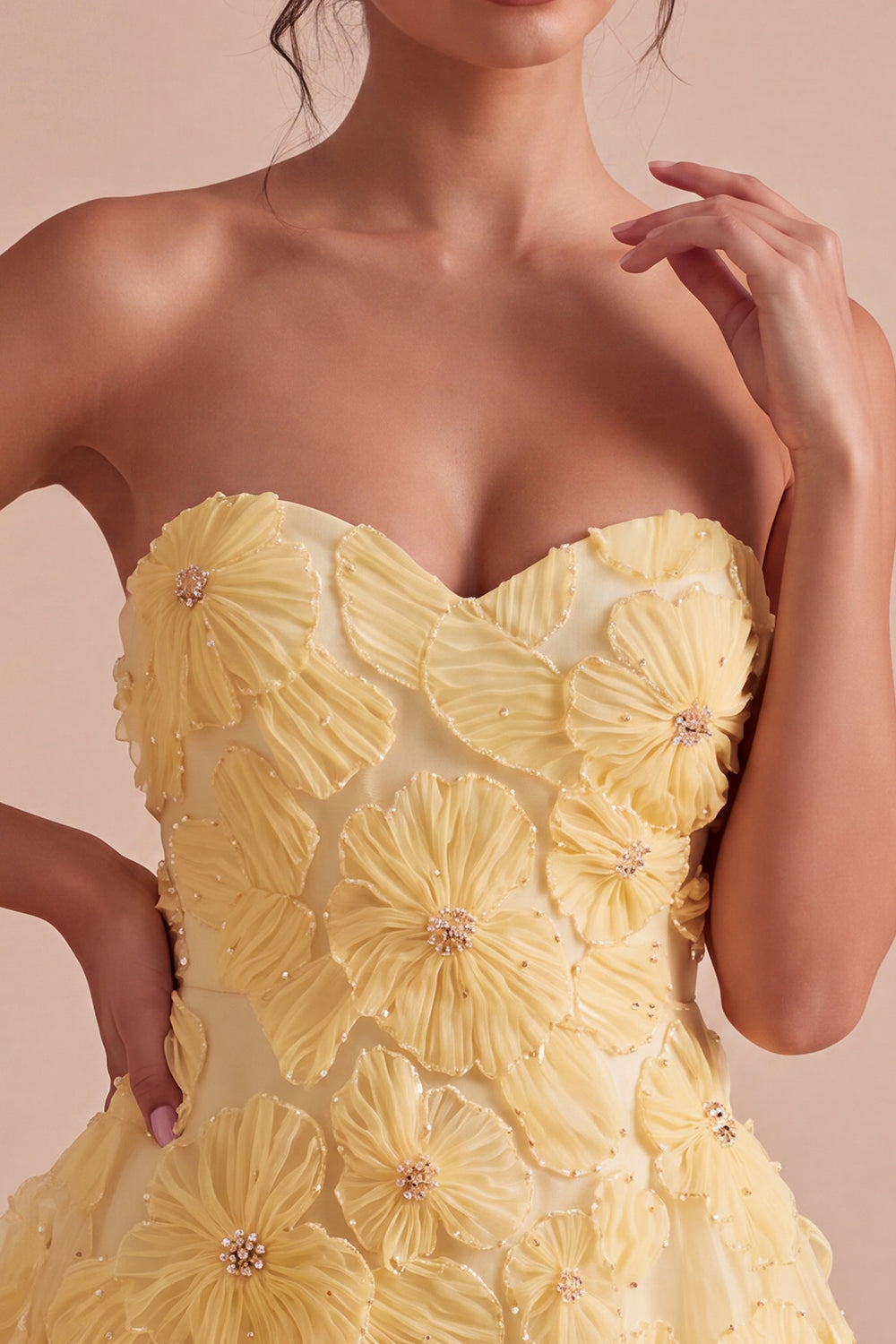 Light Yellow A Line Beaded Short Homecoming Dress with 3D Flowers