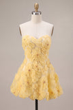 Light Yellow A Line Beaded Short Homecoming Dress with 3D Flowers