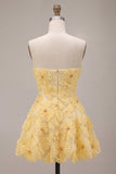 Light Yellow A Line Beaded Short Homecoming Dress with 3D Flowers