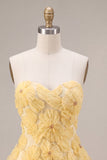 Light Yellow A Line Beaded Short Homecoming Dress with 3D Flowers