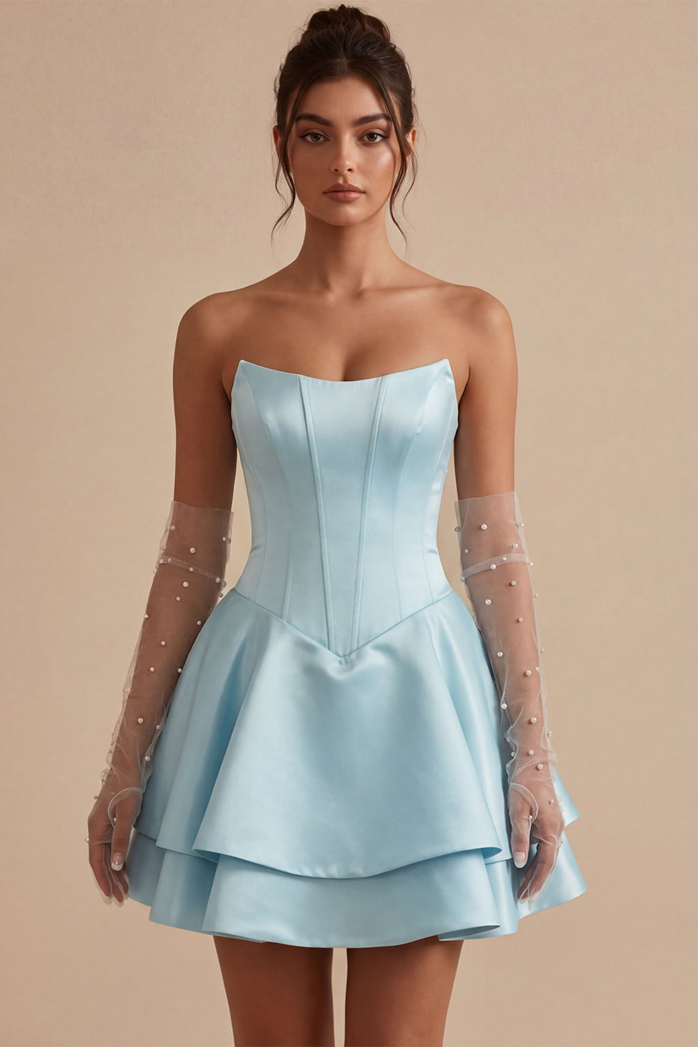 Sky Blue A Line Corset Satin Tiered Ruffled Short Homecoming Dress