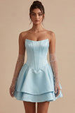 Sky Blue A Line Corset Satin Tiered Ruffled Short Homecoming Dress