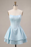 Sky Blue A Line Corset Satin Tiered Ruffled Short Homecoming Dress