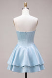 Sky Blue A Line Corset Satin Tiered Ruffled Short Homecoming Dress