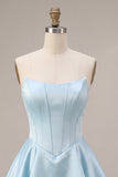 Sky Blue A Line Corset Satin Tiered Ruffled Short Homecoming Dress