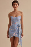 Light Blue Tight Floral Strapless Beaded Short Homecoming Dress