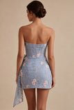 Light Blue Tight Floral Strapless Beaded Short Homecoming Dress