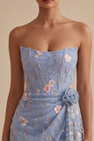 Light Blue Tight Floral Strapless Beaded Short Homecoming Dress