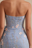 Light Blue Tight Floral Strapless Beaded Short Homecoming Dress