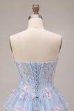 Light Blue Corset Floral Tiered Ruffled Beaded Short Homecoming Dress
