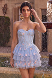 Light Blue Corset Floral Tiered Ruffled Beaded Short Homecoming Dress