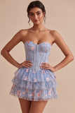 Light Blue Corset Floral Tiered Ruffled Beaded Short Homecoming Dress