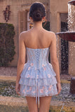 Light Blue Corset Floral Tiered Ruffled Beaded Short Homecoming Dress