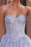 Light Blue Corset Floral Tiered Ruffled Beaded Short Homecoming Dress
