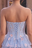 Light Blue Corset Floral Tiered Ruffled Beaded Short Homecoming Dress