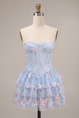 Light Blue Corset Floral Tiered Ruffled Beaded Short Homecoming Dress
