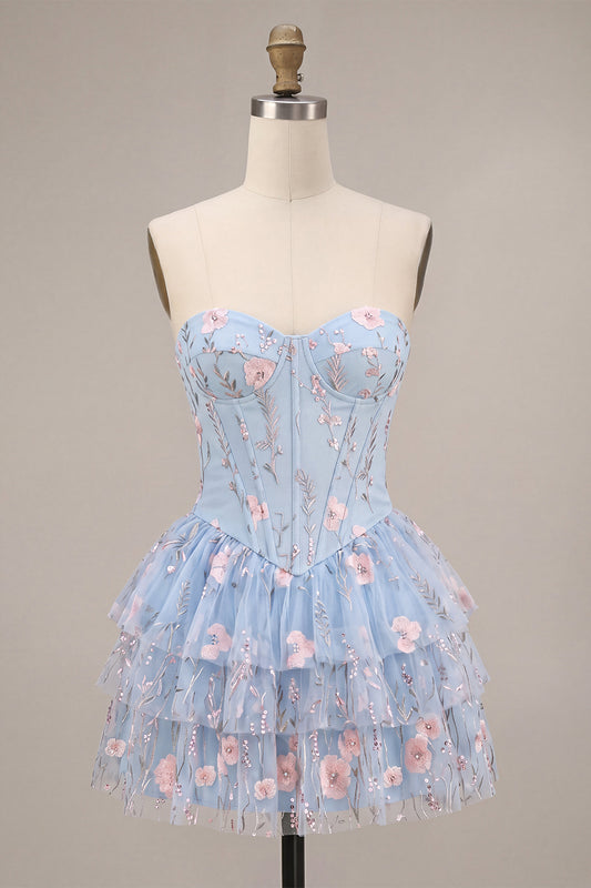 Light Blue Corset Floral Tiered Rufflesd Beaded Mini Homecoming Dress