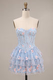 Light Blue Corset Floral Tiered Ruffled Beaded Short Homecoming Dress