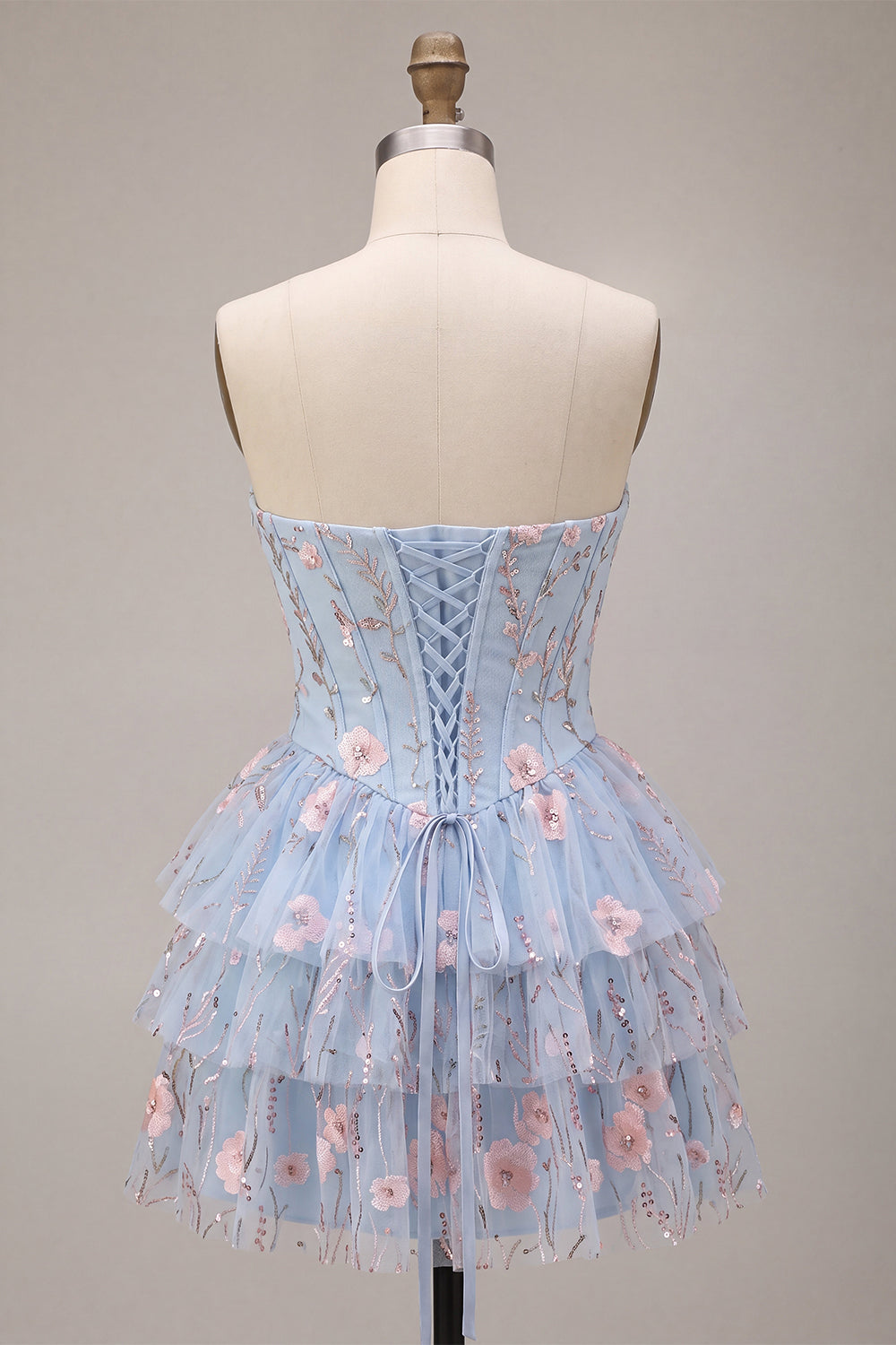 Light Blue Corset Floral Tiered Ruffled Beaded Short Homecoming Dress
