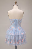 Light Blue Corset Floral Tiered Ruffled Beaded Short Homecoming Dress