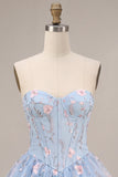 Light Blue Corset Floral Tiered Ruffled Beaded Short Homecoming Dress