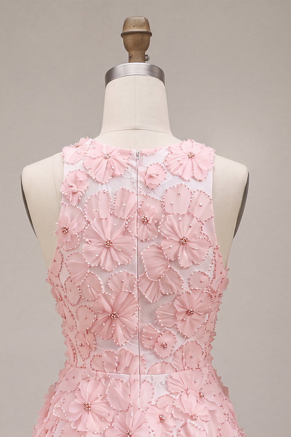 Pink Floral A Line Beaded Round Neck Short Homecoming Dress