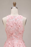 Pink Floral A Line Beaded Round Neck Short Homecoming Dress