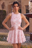 Pink Floral A Line Beaded Round Neck Short Homecoming Dress