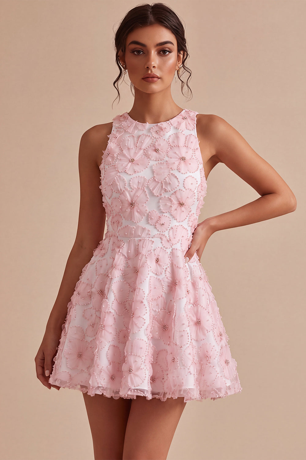Pink Floral A Line Beaded Round Neck Short Homecoming Dress