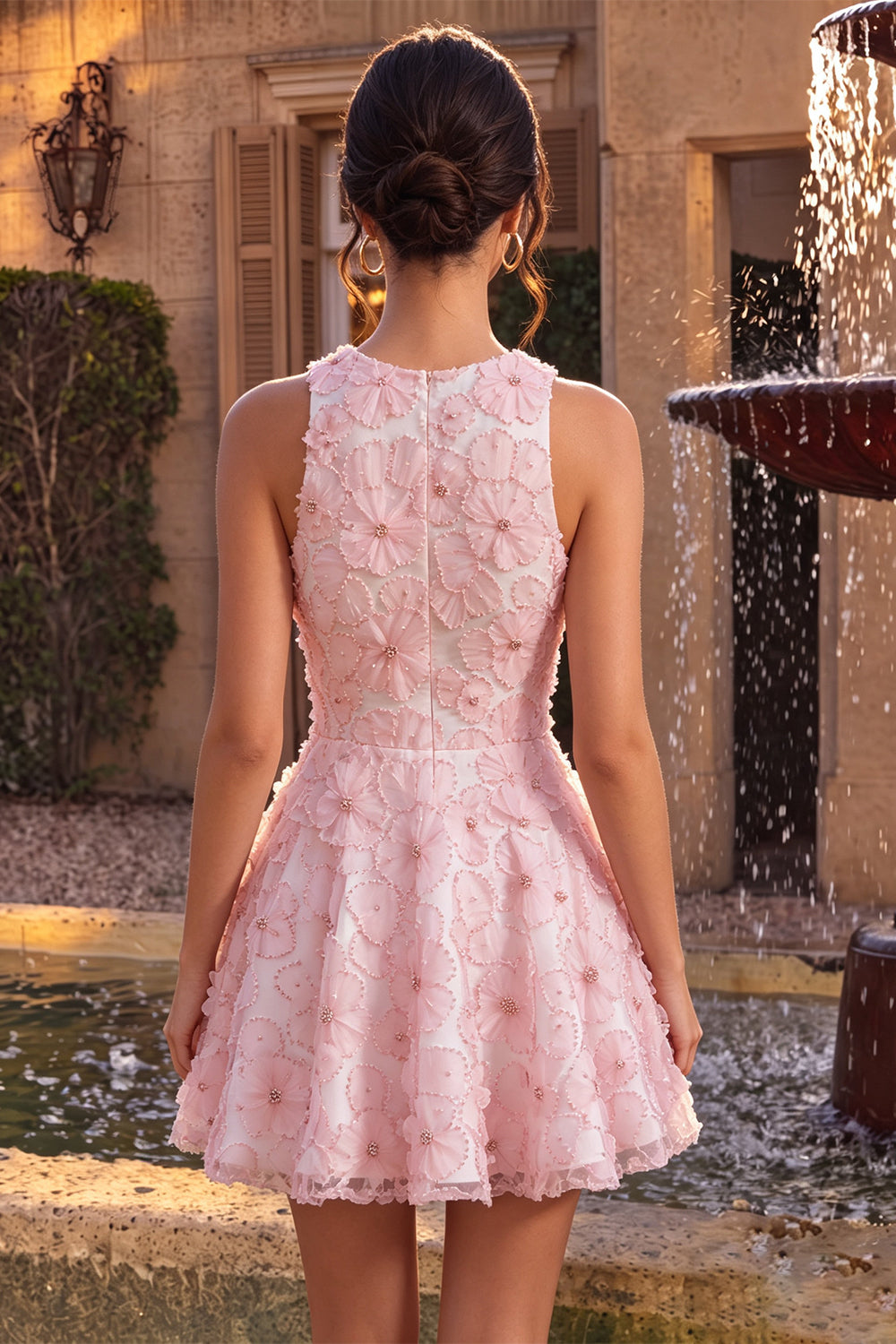 Pink Floral A Line Beaded Round Neck Short Homecoming Dress