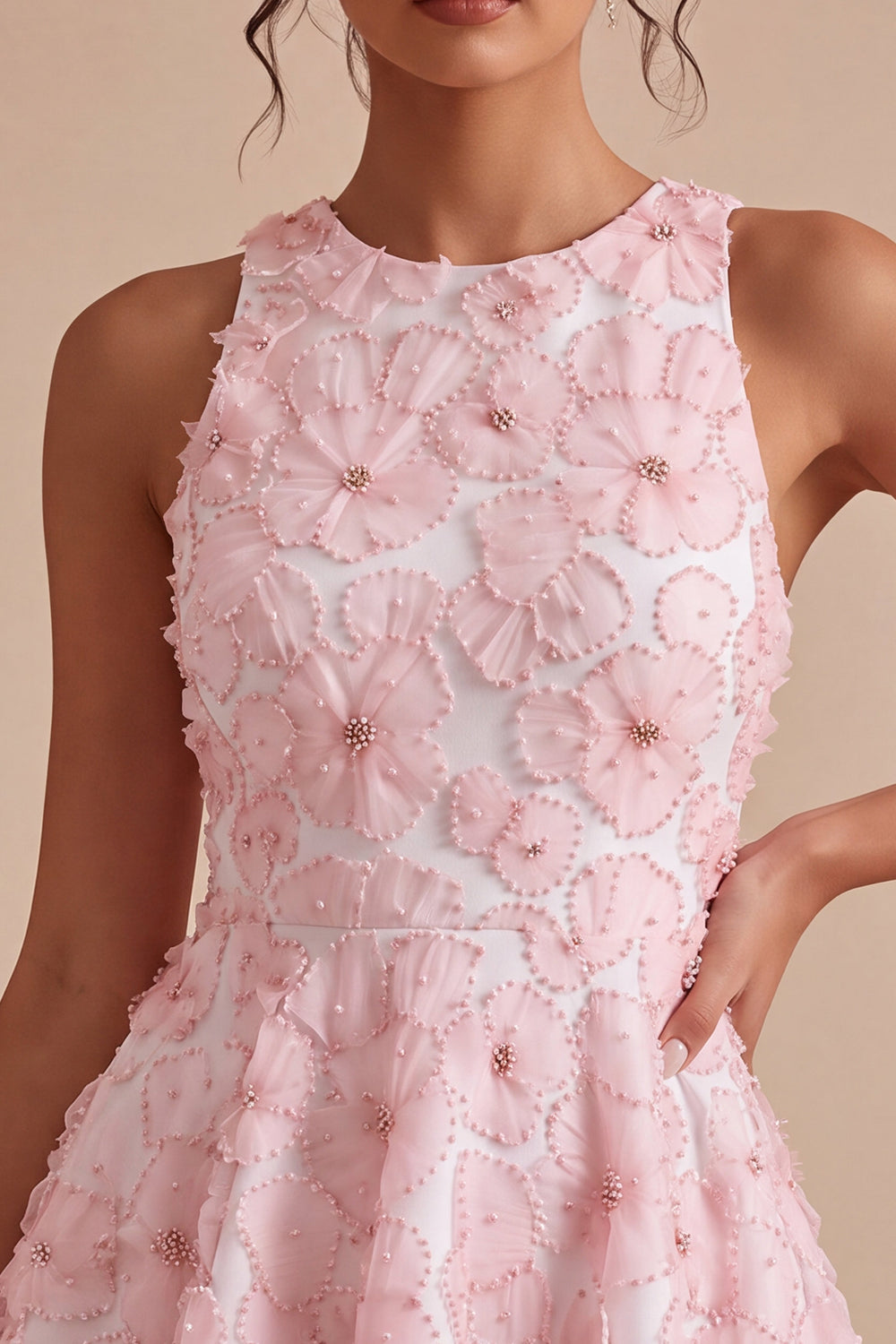 Pink Floral A Line Beaded Round Neck Short Homecoming Dress