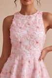 Pink Floral A Line Beaded Round Neck Short Homecoming Dress