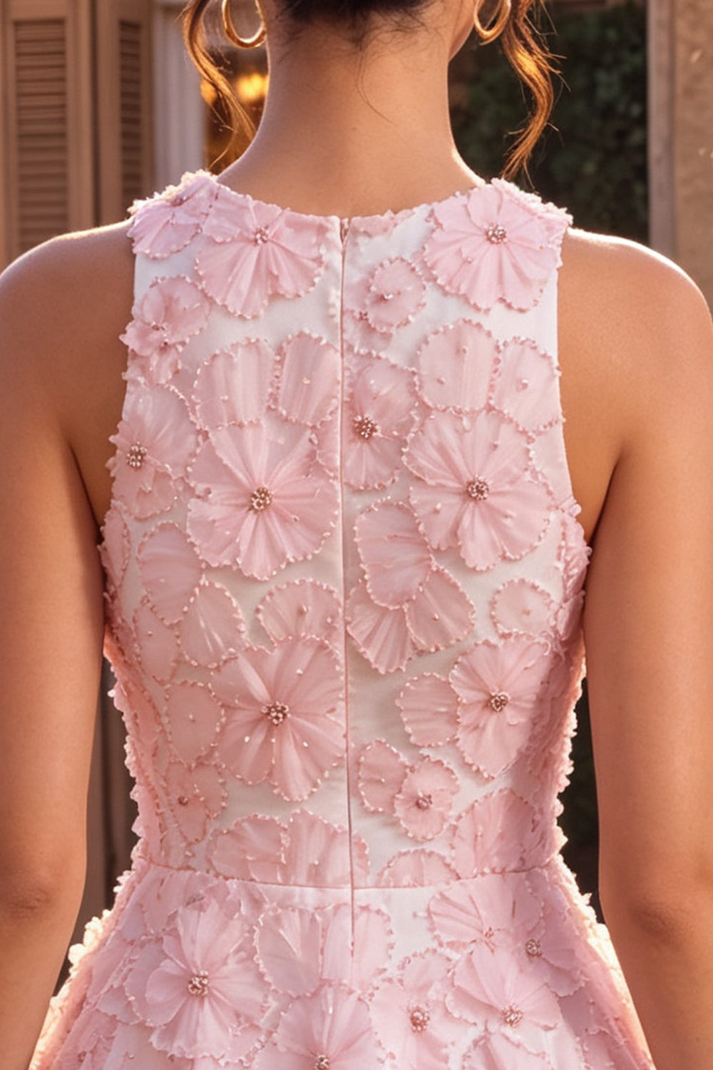 Pink Floral A Line Beaded Round Neck Short Homecoming Dress