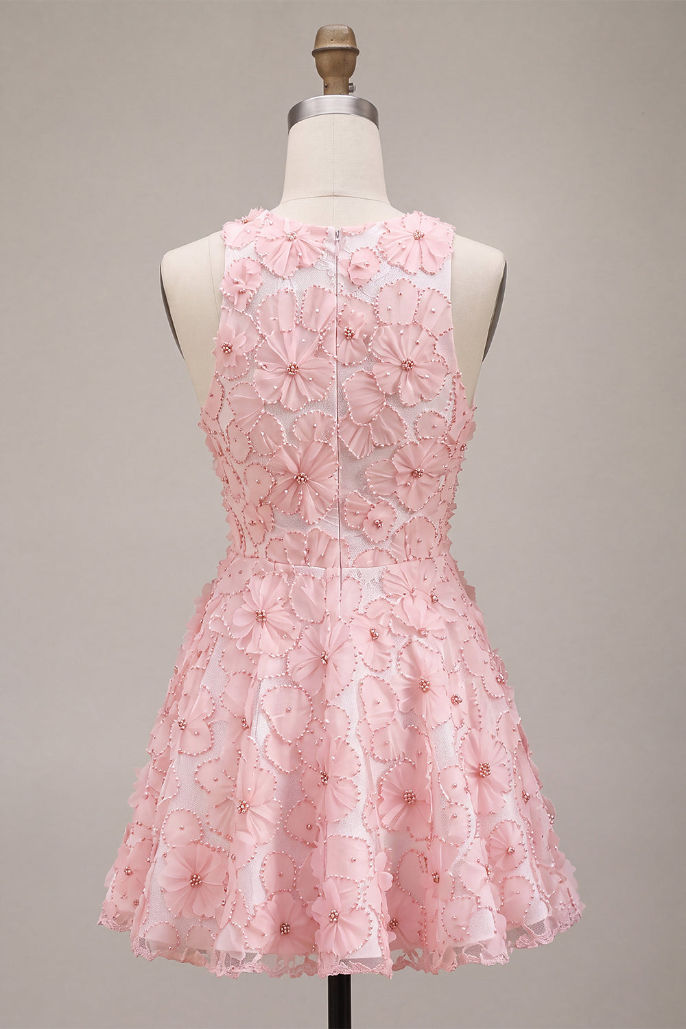 Pink Floral A Line Beaded Round Neck Short Homecoming Dress