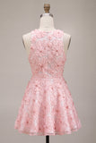 Pink Floral A Line Beaded Round Neck Short Homecoming Dress